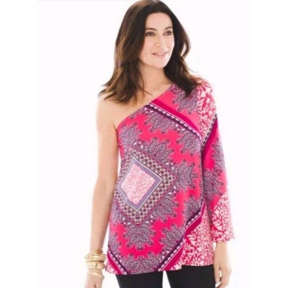 Size Medium Pink One Shoulder Bell Sleeve Boho Paisley Trendy Chicos Sz 2